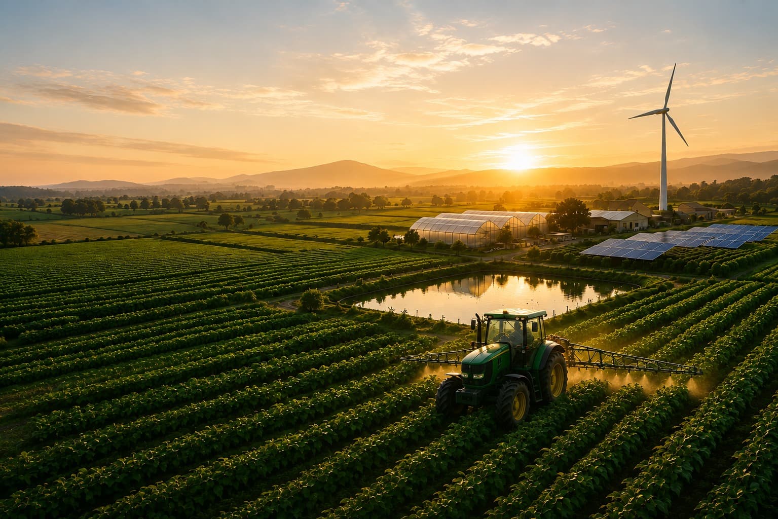 Sustainable farmland with a tractor, greenhouse, solar panels and wind turbine at sunrise